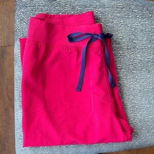 FIGS Pink Livingston high waisted scrubs with purple tie